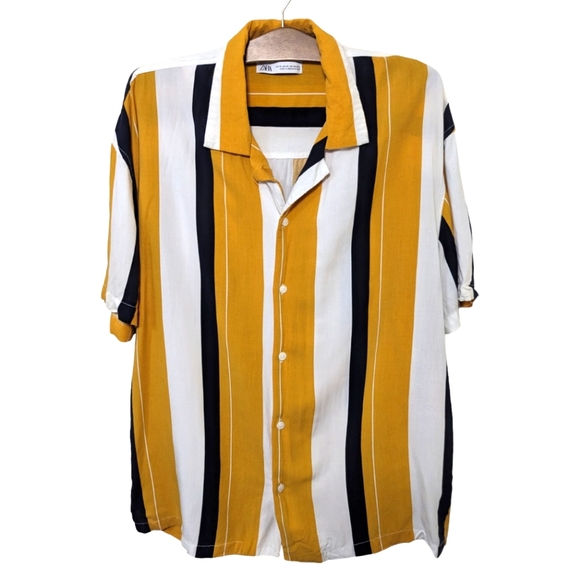 Zara Other - ZARA Yellow Black White Striped Button Up Short Sleeve XL Lightweight Shirt